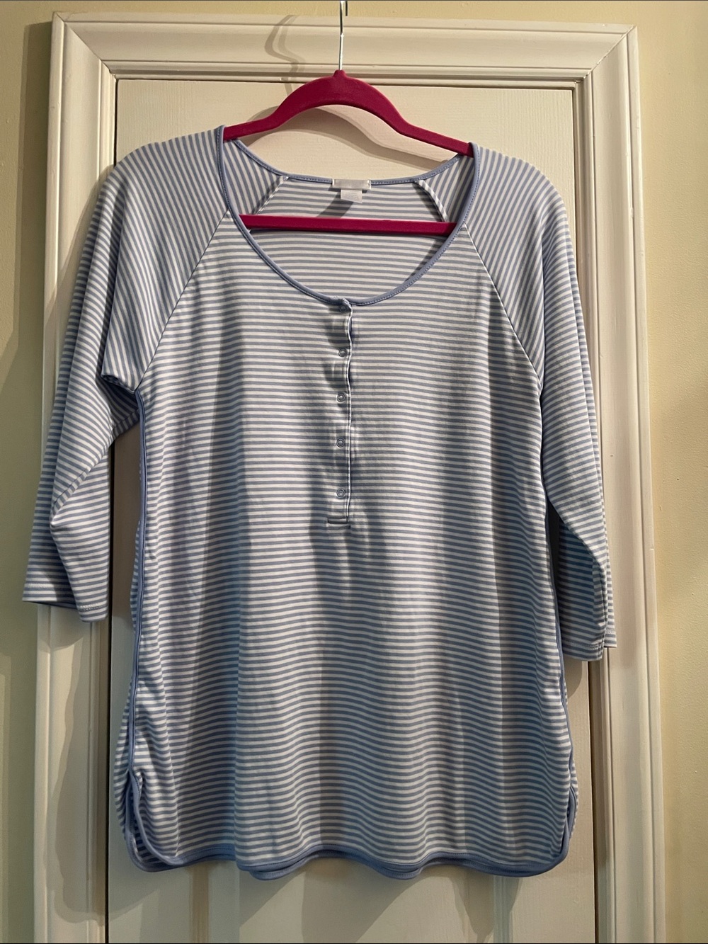 Striped Light Blue & White Henley Pajama Top